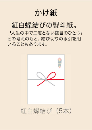 かけ紙 紅白蝶結びの熨斗紙。「人生の中で二度とない節目のひとつ」との考えのもと、結び切りの水引を用いることもあります。