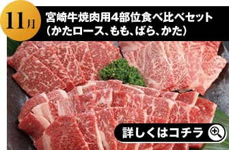 11月 宮崎牛焼肉用4部位食べ比べセット（かたロース、もも、ばら、かた） 詳しくはこちら