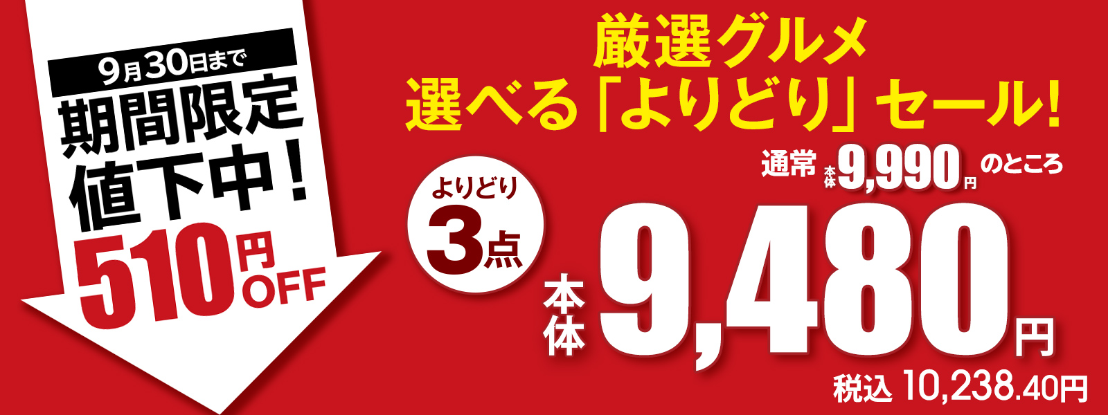 厳選グルメ 選べる「よりどり」セール！ よりどり3点 通常本体9,990円のところ 本体9,480円 税込10,238.40円