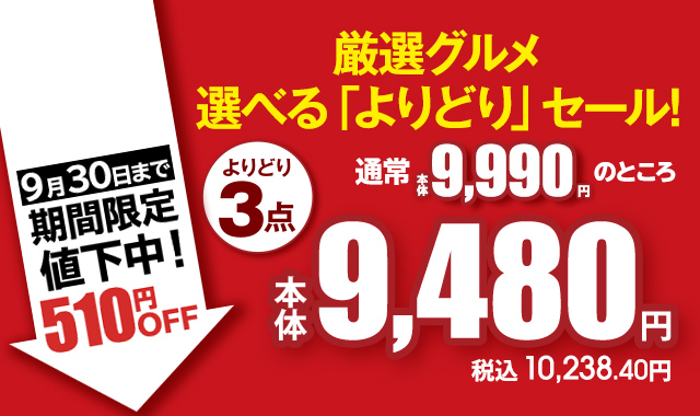 厳選グルメ 選べる「よりどり」セール！ よりどり3点 通常本体9,990円のところ 本体9,480円 税込10,238.40円