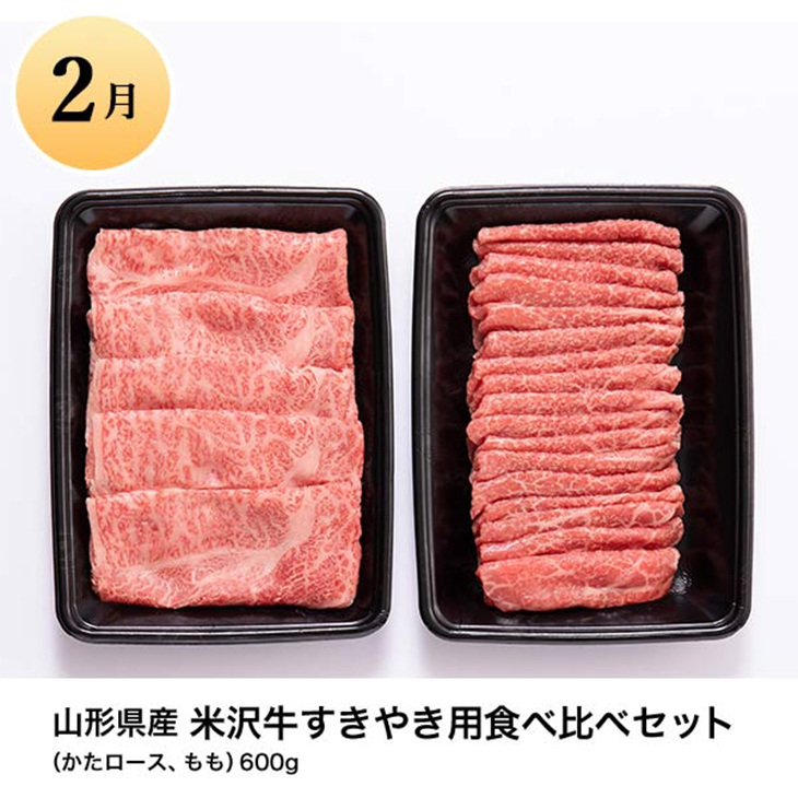 2月 山形県産 米沢牛すきやき用食べ比べセット（かたロース、もも）600g