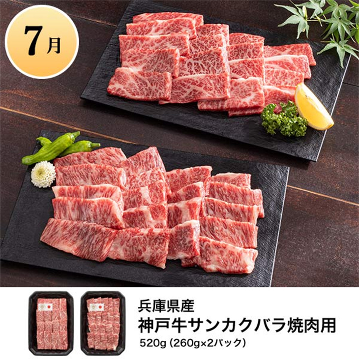 7月 兵庫県産 神戸牛サンカクバラ焼肉用 520g（260g×2パック）