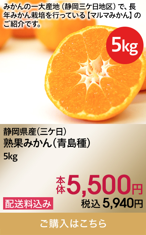 静岡県産(三ケ日) 熟果みかん(青島種)5kg 本体5,500円 税込5,940円 配送料込み ご購入はこちら