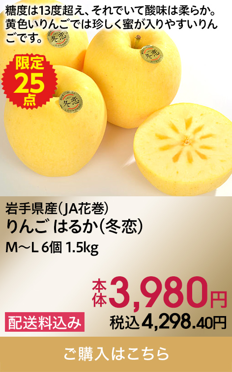 岩手県産(JA花巻) りんご はるか(冬恋) M〜L 6個 1.5kg 本体3,980円 税込4,298.40円 配送料込み 限定25 ご購入はこちら