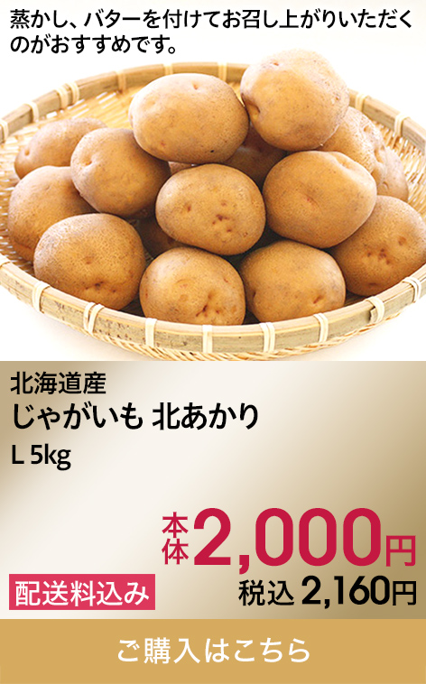 北海道産 じゃがいも 北あかり L 5kg 本体2,000円 税込2,160円 配送料込み ご購入はこちら