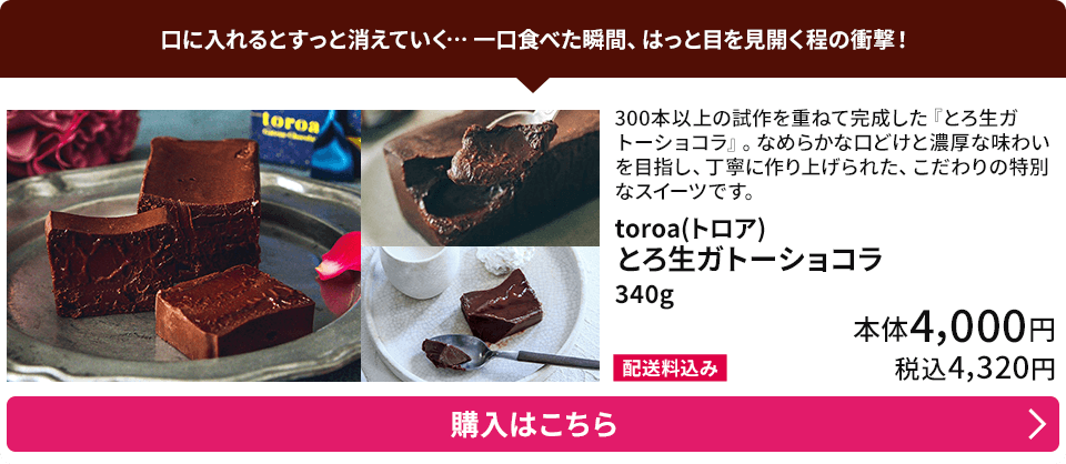 toroa(トロア) とろ生ガトーショコラ 340g 配送料込み 本体4,000円 税込4,320円 購入はこちら