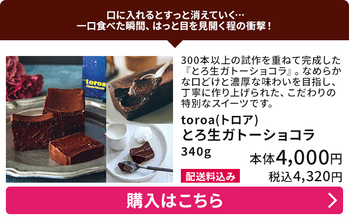 toroa(トロア) とろ生ガトーショコラ 340g 配送料込み 本体4,000円 税込4,320円 購入はこちら