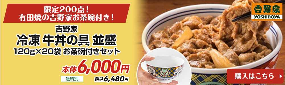 吉野家 冷凍 牛丼の具 並盛 120g×20袋 お茶碗付きセット 送料別 本体6,000円 税込6,480円 購入はこちら