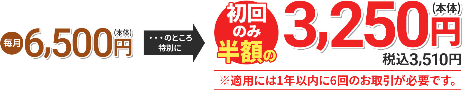 毎月6,500円(本体) のところ特別に 初回のみ半額の3,250円(本体) 税込3,510円 ※適用には1年以内に6回のお取引が必要です。