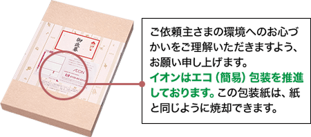 ご依頼主さまの環境へのお心づかいをご理解いただきますよう、お願い申し上げます。イオンはエコ（簡易）包装を推進しております。この包装紙は、紙と同じように焼却できます。