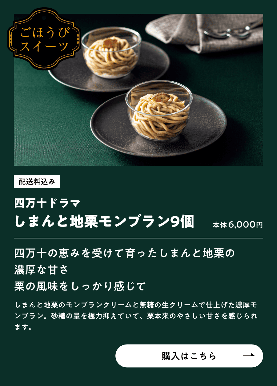 ごほうびスイーツ 配送料込み 四万十ドラマ しまんと地栗モンブラン9個 本体6,000円 購入はこちら