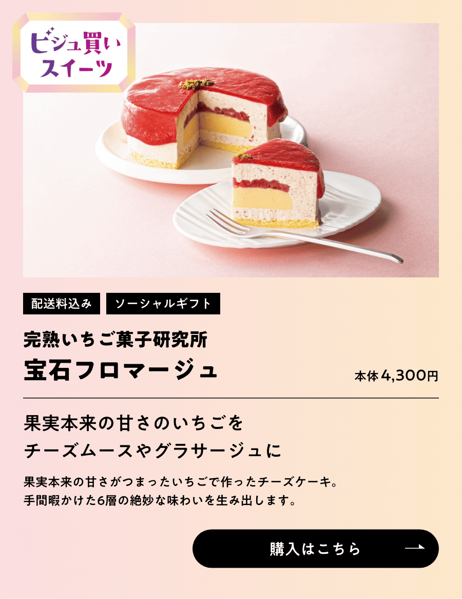 ビジュ買いスイーツ 配送料込み ソーシャルギフト 完熟いちご菓子研究所 宝石フロマージュ 本体4,300円 購入はこちら