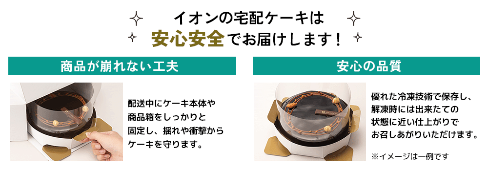 イオンの宅配ケーキは安心安全でお届けします！商品が崩れない工夫：配送中にケーキ本体や商品箱をしっかりと固定し、揺れや衝撃からケーキを守ります。安心の品質：優れた冷凍技術で保存し、解凍時には出来たての状態に近い仕上がりでお召しあがりいただけます。※商品は一例です