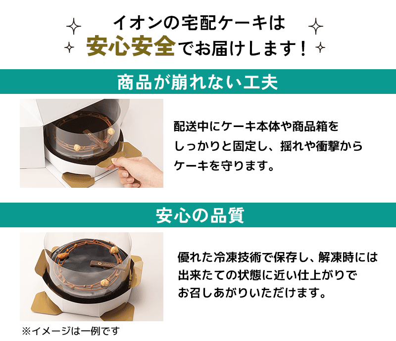 イオンの宅配ケーキは安心安全でお届けします！商品が崩れない工夫：配送中にケーキ本体や商品箱をしっかりと固定し、揺れや衝撃からケーキを守ります。安心の品質：優れた冷凍技術で保存し、解凍時には出来たての状態に近い仕上がりでお召しあがりいただけます。※商品は一例です
