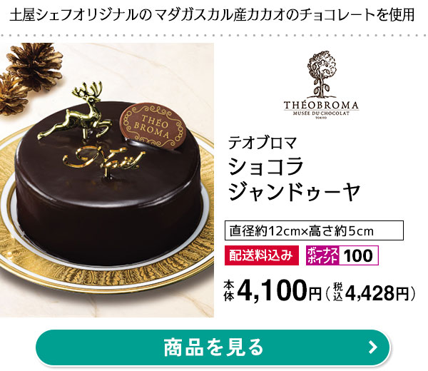 テオブロマ ショコラジャンドゥーヤ 本体価格 4,100円(税込価格 4,428円)直径約12cm×高さ約5cm/フルーティーな酸味と爽やかな香りが特徴の土屋シェフオリジナルのマダガスカル産カカオのチョコレートをふんだんに使用した大人なチョコレートケーキです。