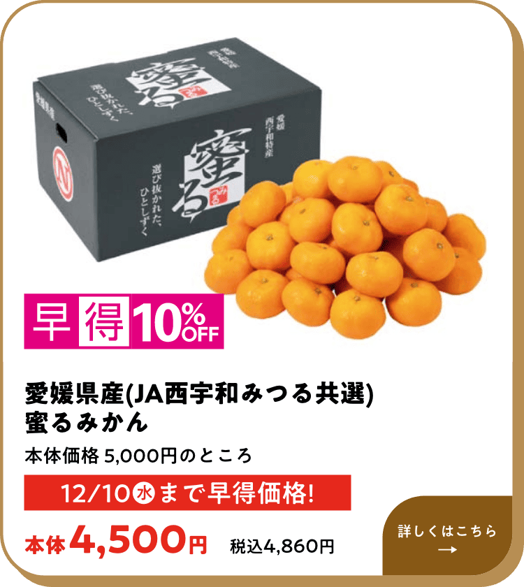 早得10%OFF 愛媛県産(JA西宇和みつる共選) 蜜るみかん 本体価格5,000円のところ 12月10日(水)まで早得価格! 本体4,500円 税込4,860円 詳しくはこちら