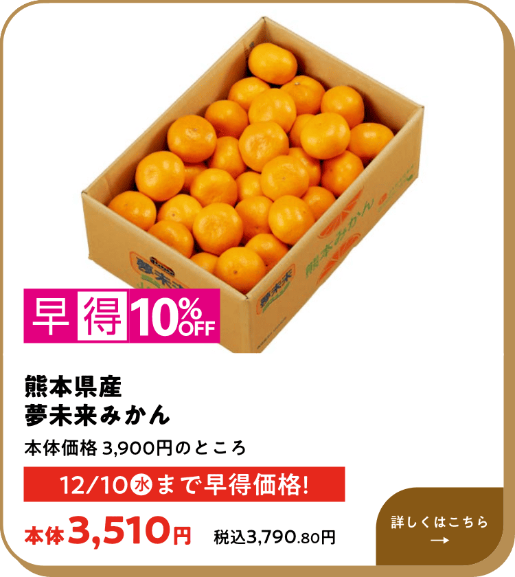 早得10%OFF 熊本県産 夢未来みかん 本体価格 3,900円のところ 12月10日(水)まで早得価格! 本体3,510円 税込3,790.80円 詳しくはこちら