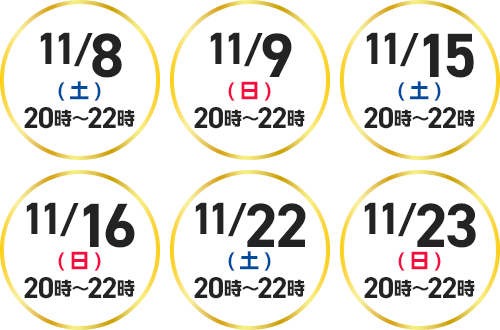 11/8(土) 11/9(日) 11/15(土) 11/16(日) 11/22(土) 11/23(日)
