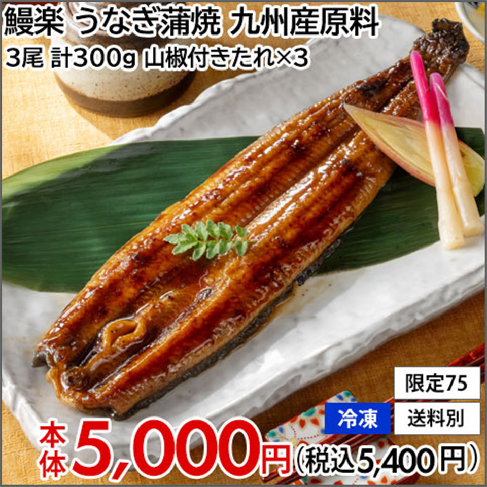 鰻楽 うなぎ蒲焼 九州産原料 3尾 計300g 山椒付きたれ×3【限定75】【冷凍】【送料別】 本体5,000円(税込5,400円)