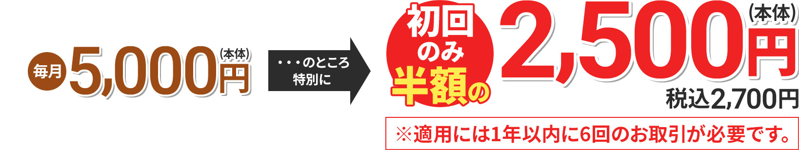 毎月5,000円(本体) のところ特別に 初回のみ半額の2,500円(本体) 税込2,700円 ※適用には1年以内に6回のお取引が必要です。