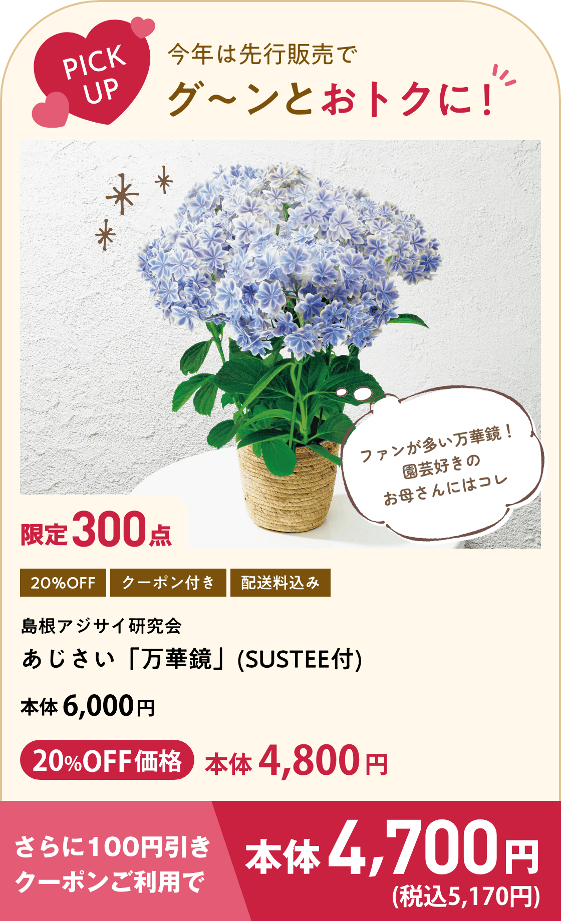 今年は先行販売でグ〜ンとおトクに！ 島根アジサイ研究会 あじさい「万華鏡」(SUSTEE付) 限定300点 20%OFF価格 本体4,800円 さらに100円引きクーポンご利用で 本体4,700円(税込5,170円)