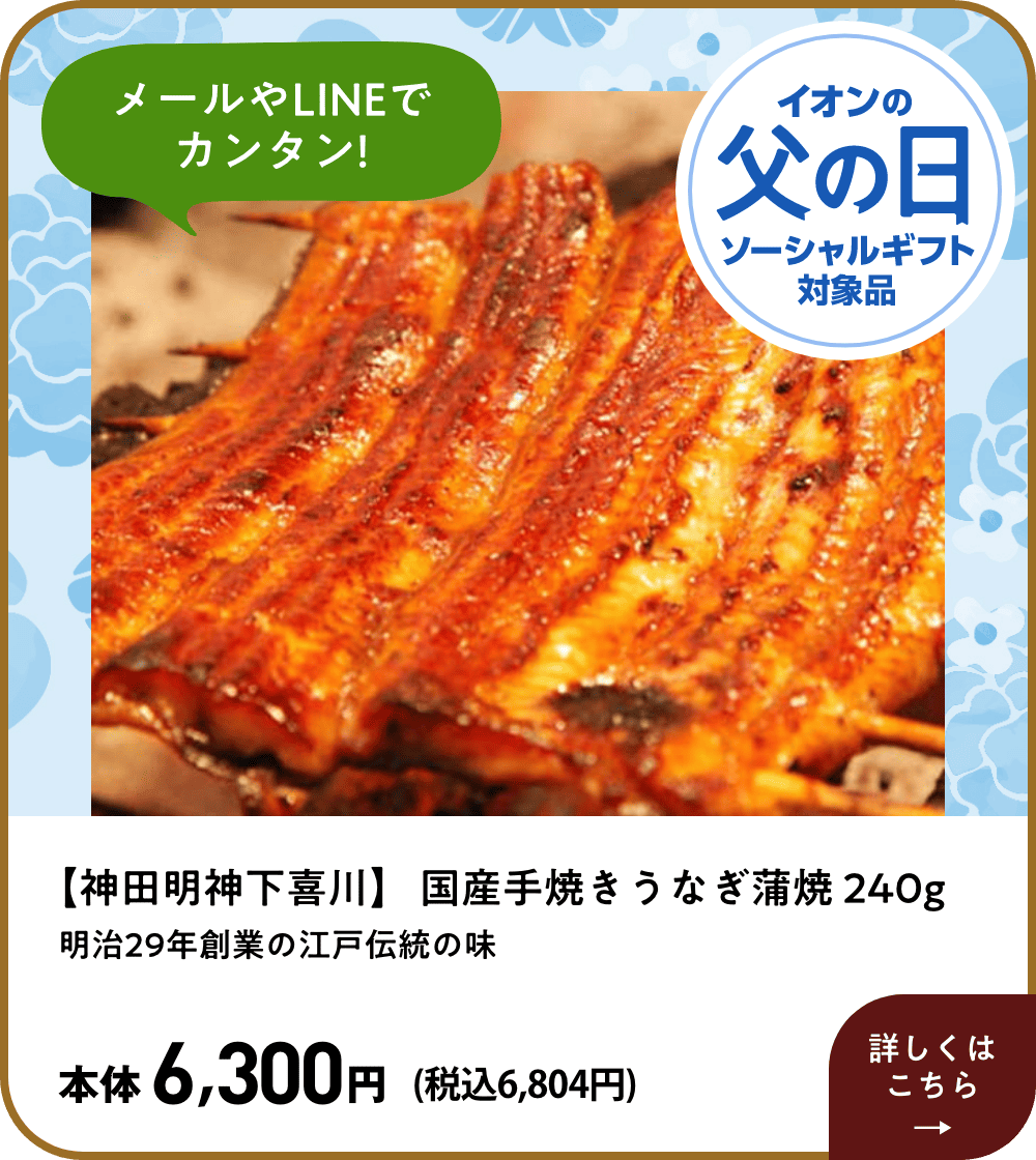 メールやLINEでカンタン! イオン父の日ソーシャルギフト対象品 【神田明神下喜川】 国産手焼きうなぎ蒲焼 240g 明治29年創業の江戸伝統の味 本体6,300円 (税込6,804円)  詳しくはこちら