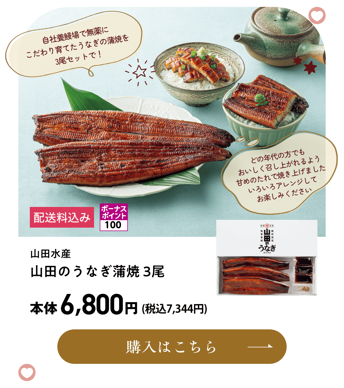 山田水産 山田のうなぎ蒲焼 3尾 本体6,800円(税込7,344円)