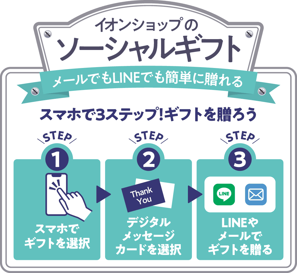 イオンショップのソーシャルギフト スマホで3ステップ！ギフトを贈ろう STEP1.スマホでギフトを選択 STEP2.デジタルメッセージカードを選択 STEP3.LINEやメールでギフトを贈る