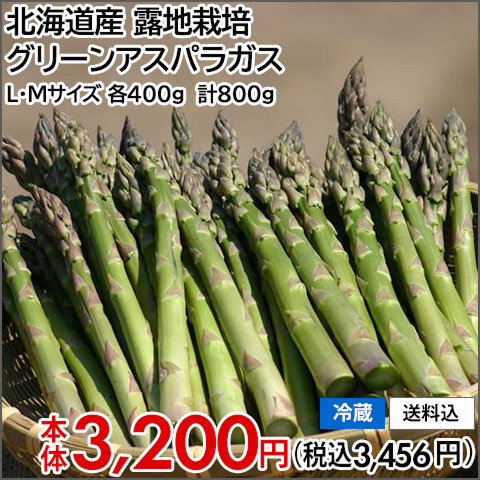 北海道産 露地栽培 グリーンアスパラガス L・Mサイズ 各400g 計800g【冷蔵】【送料込】本体3,200円(税込3,456円)