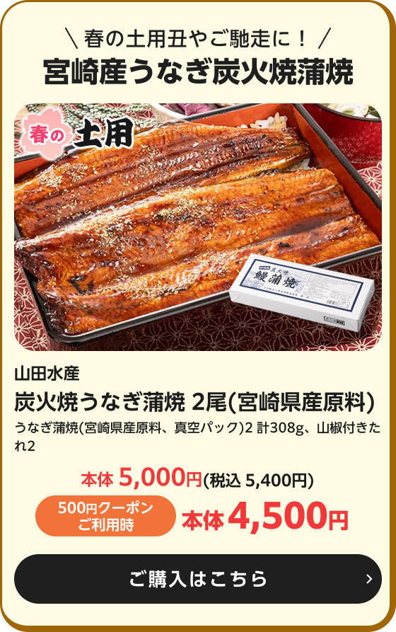 山田水産 炭火焼うなぎ蒲焼 2尾(宮崎県産原料) うなぎ蒲焼(宮崎県産原料、真空パック)2 計308g、山椒付きたれ2 本体5,000円(税込5,400円) 500円クーポンご利用時本体4,500円 ご購入はこちら