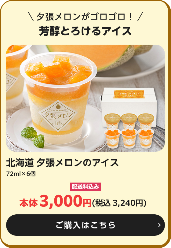 北海道 夕張メロンのアイス 72ml×6個 配送料込み 本体3,000円(税込3,240円) ご購入はこちら