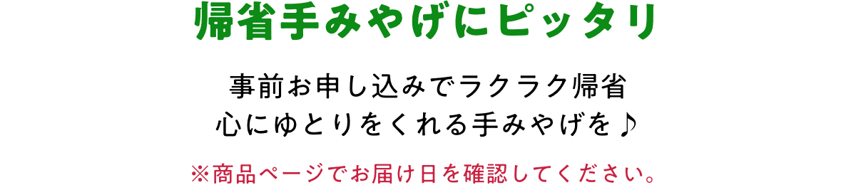 帰省手みやげにピッタリ 事前お申し込みでラクラク帰省心にゆとりをくれる手みやげを♪ ※商品ページでお届け日を確認してください。