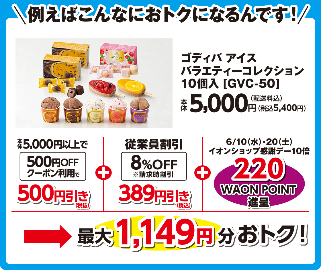 例えばこんなにおトクになるんです！ ゴディバアイスバラエティーコレクション10個入[GVC-50] 本体5,000円→最大1,149円分おトク！