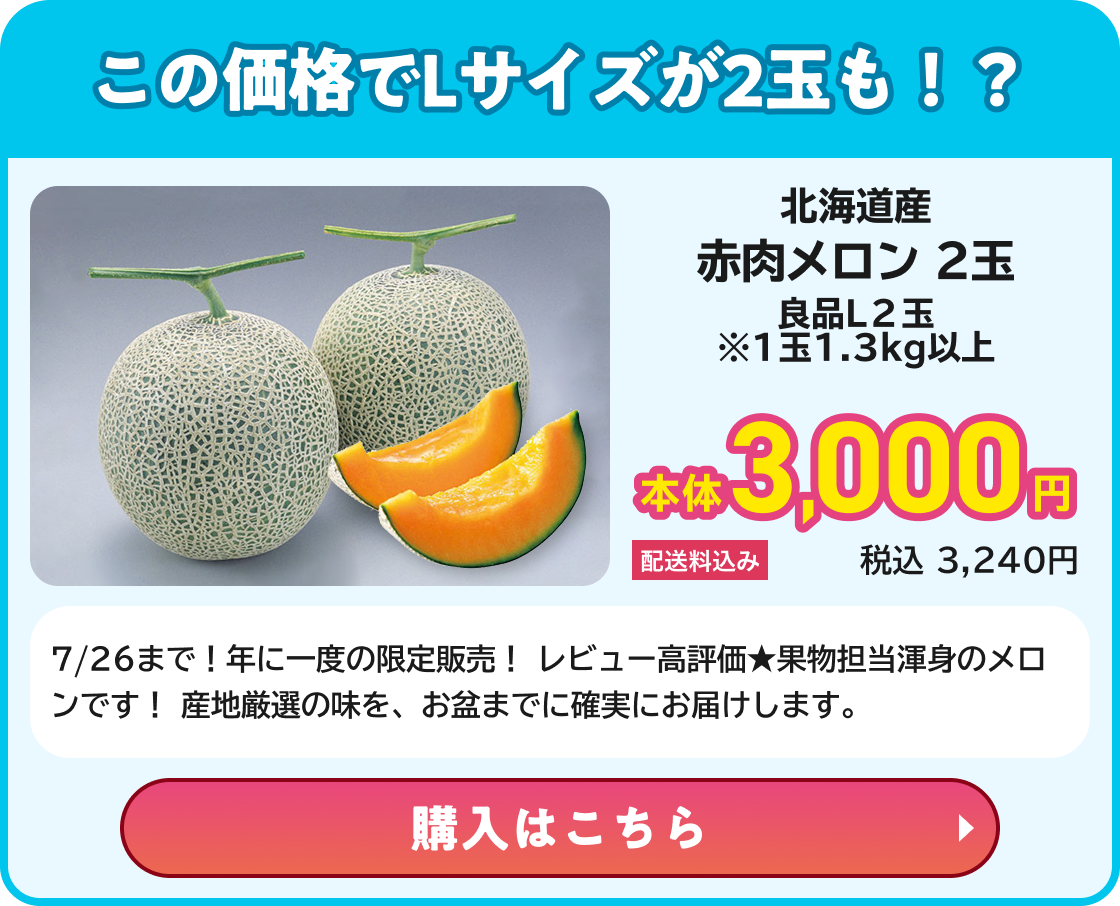 この価格でLサイズが2玉も!? 北海道産 赤肉メロン 2玉 良品 L2玉 ※1玉1.3kg以上 本体3,000円 配送料込み 税込3,240円 7/26まで！年に一度の限定販売！ レビュー高評価★果物担当渾身のメロンです！ 産地厳選の味を、お盆までに確実にお届けします。 購入はこちら