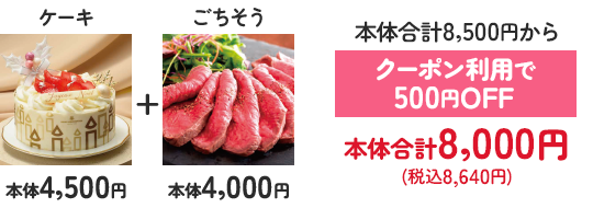 ケーキ本体4,500円+ごちそう本体4,000円 本体合計8,500円からクーポン利用で500円OFF 本体合計8,000円(税込8,640円)