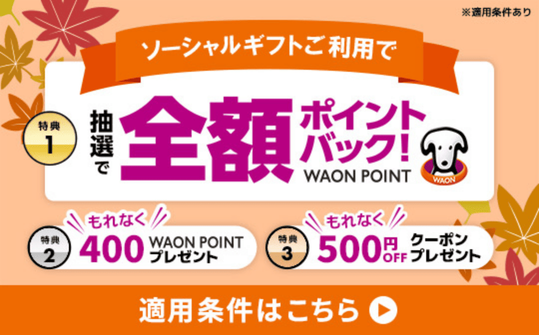 ソーシャルギフトご利用で 特典1 抽選で全額ポイントバック！（ワオンポイント） 特典2 もれなく400ワオンポイントプレゼント 特典3 もれなく500円オフクーポンプレゼント ※適用条件あり 詳しくはコチラ