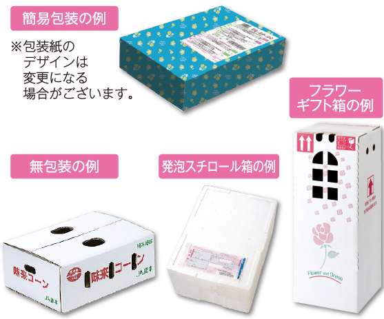 簡易包装の例 無包装の例 フラワーギフト箱の例 発泡スチロール箱の例 ※包装紙のデザインは変更になる場合がございます。