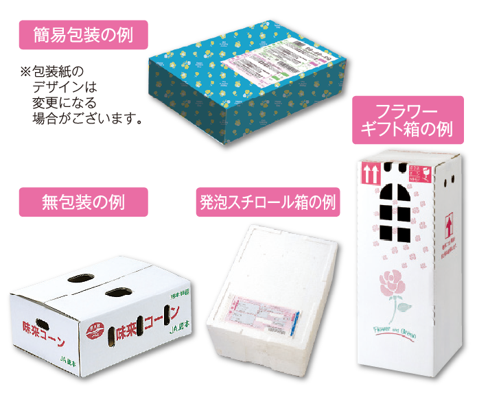 簡易包装の例 無包装の例 フラワーギフト箱の例 発泡スチロール箱の例 ※包装紙のデザインは変更になる場合がございます。