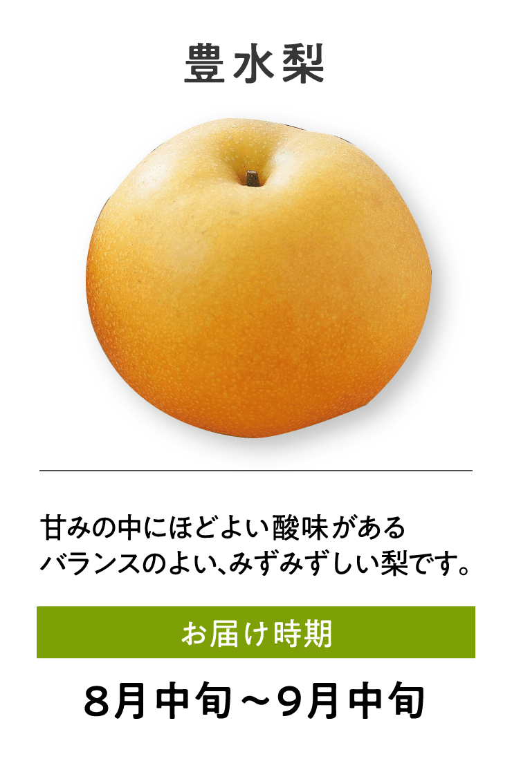 豊水梨 甘みの中にほどよい酸味があるバランスのよい、みずみずしい梨です。 お届け時期 8月中旬～9月中旬