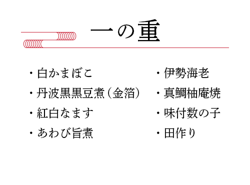 白かまぼこ、丹波黒黒豆煮(金箔)、紅白なます、あわび旨煮、伊勢海老、真鯛柚庵焼、味付数の子、田作り