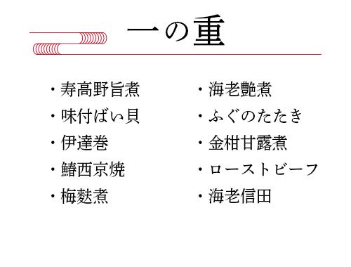 【一の重】寿高野旨煮、味付ばい貝、伊達巻、鰆西京焼、梅麩煮、海老艶煮、ふぐのたたき、金柑甘露煮、ローストビーフ、海老信田