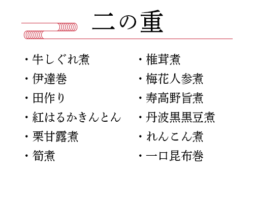 【二の重】牛しぐれ煮、伊達巻、田作り、紅はるかきんとん、栗甘露煮、筍煮、椎茸煮、梅花人参煮、寿高野旨煮、丹波黒黒豆煮、れんこん煮、一口昆布巻
