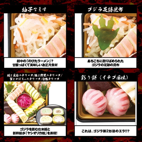 柚子なます、ゴジラ足跡昆布、真鯛幽庵焼、鮭と貝柱のテリーヌ、鶏と野菜のテリーヌ、蟹とかぼちゃのテリーヌ、合鴨テリーヌ、彩り餅（イチゴ風味）