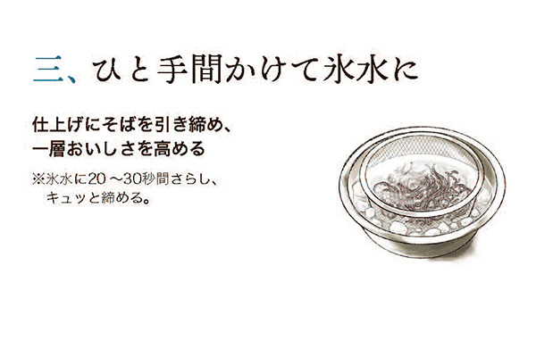 三、ひと手間かけて氷水に仕上げにそばを引き締め、一層おいしさを高める※氷水に20~30秒間さらし、キュッと締める。