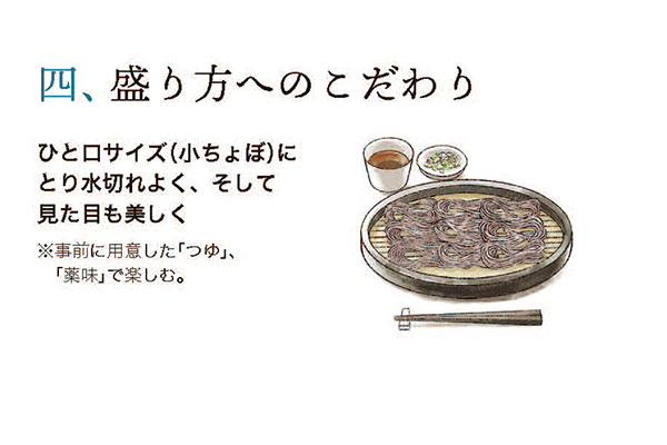 四、盛り方へのこだわり ひと口サイズ(小ちょぼ)にとり水切れよく、 そして見た目も美しく。※事前に用意した 「つゆ」、「薬味」で楽しむ。