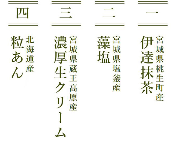 宮城県桃生町産 伊達抹茶 宮城県塩釜産 藻塩 宮城県蔵王高原産 濃厚生クリーム 北海道産 粒あん