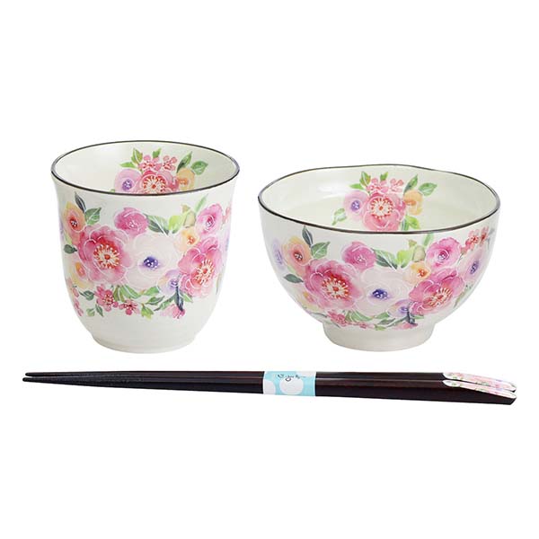 藍セレクション 花音色飯碗湯呑ピンク(天宝箸付) [03939]【母の日】　商品画像1