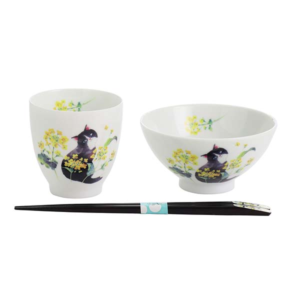 藍セレクション ひだまり猫飯碗湯呑 菜の花(天宝箸付) [23187]【母の日】　商品画像1