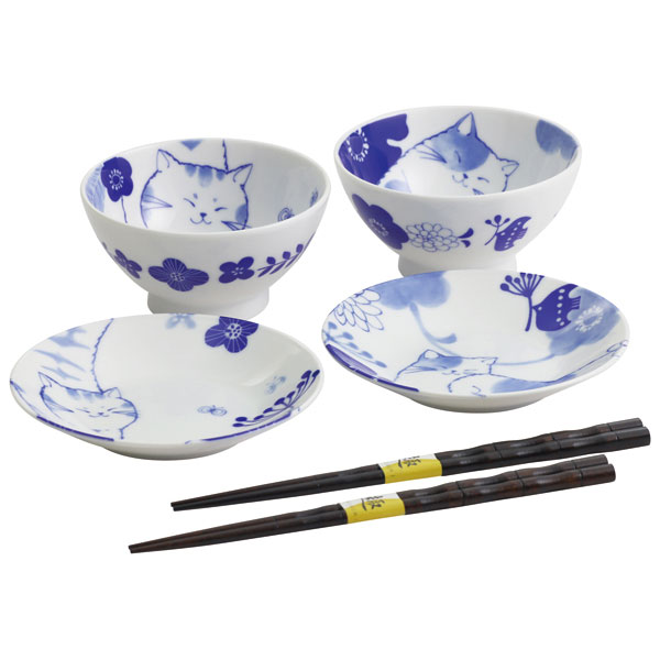 藍セレクション のほほん猫飯碗小皿セット(箸付き) 【母の日】　商品画像1