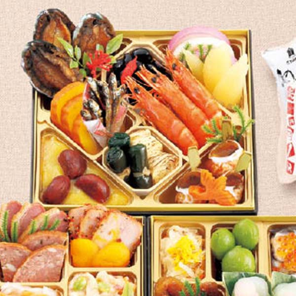 ウェルネス伯養軒 和洋風おせち三段重【白石温麺(紅白)同梱】【3人前・51品目】【イオンのおせち】【関東地区お届け限定】　商品画像1